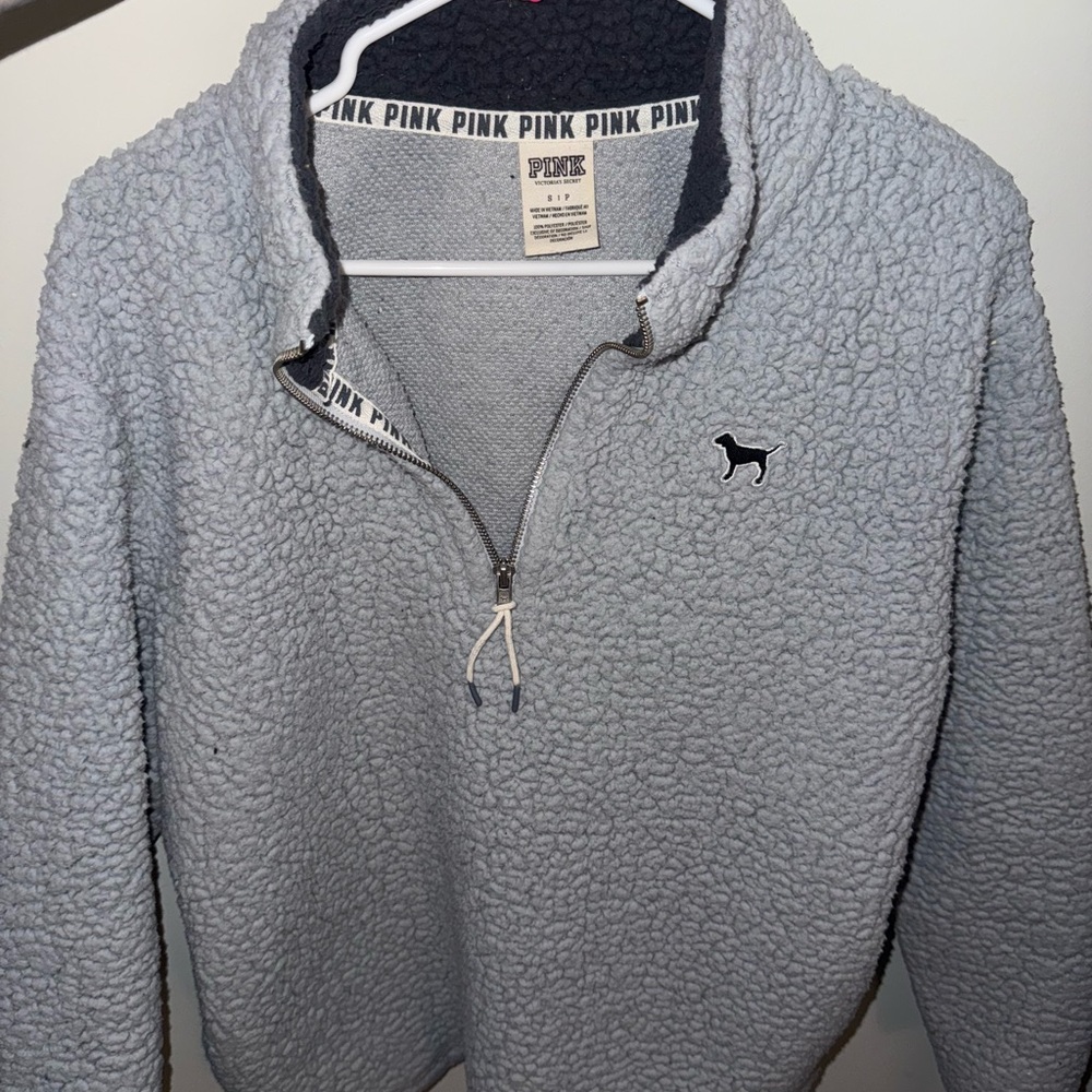 Victoria's Secret PINK Light Gray Sherpa Quarter-Zip Pullover